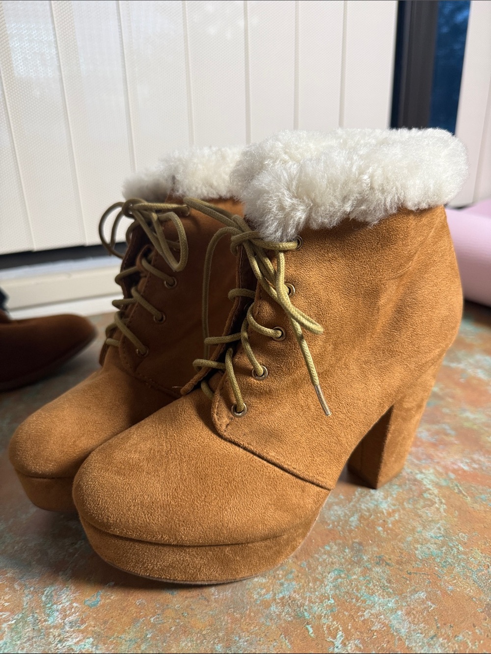 CO Tan Suede Lace-Up Platform Boots with Shearling Collar
